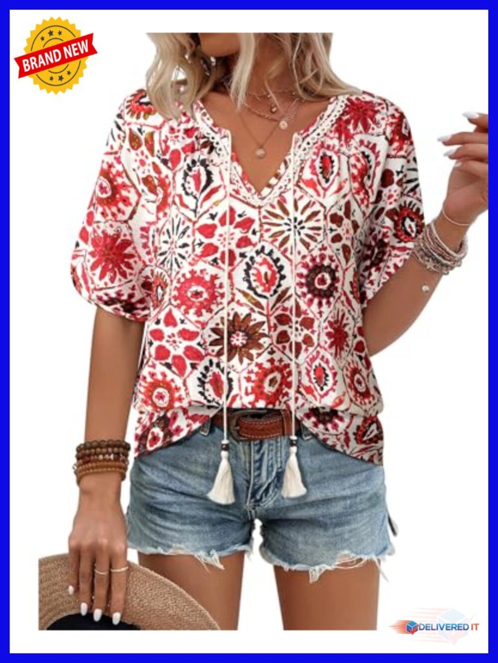 Boho V-Neck Blouse Floral Printed Short Sleeve Tie Front Peasant Top